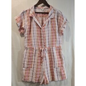 EN CRÈME Plaid Button Up Drawstring Waist Romper Pajama Style Pink Orange SIze L